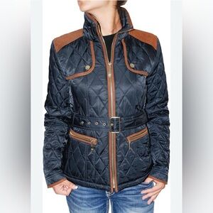 Vince Camuto Quilted Barn Jacket Raised Mock Neck Black & Brown Size L